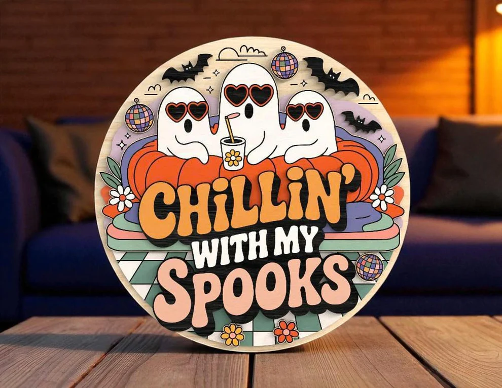 Chillin’ With My Spooks, Ghost Sign, Retro Halloween, Funny Welcome Sign, Halloween Yard Decorations