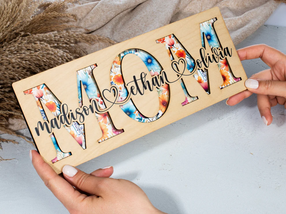 Mom With Kid Names Customize 2 Layer Wood Sign, Mother’s Day Gift, Gifts For Mom